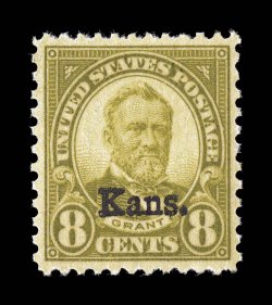 666, 8c Kans. ovpt., highly select mint example of this difficult stamp, marvelously well centered and margins, strong rich color, pristine o.g., n.h., extremely fine 2008 PSE
certificate (XF-Superb 95 SMQ $1,050.00).
