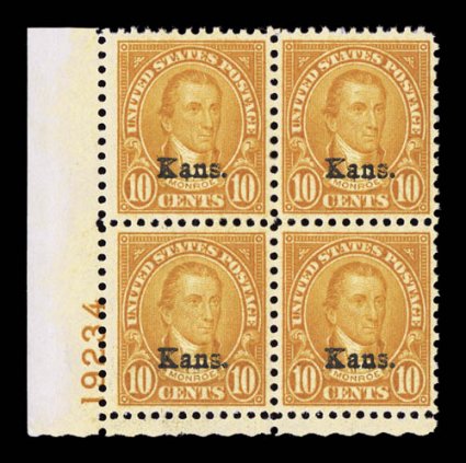 668, 10c Kans. ovpt., bottom left corner margin plate no. 19234 block of four, uncommonly well centered, especially intense color, o.g., n.h., choice very
fine.