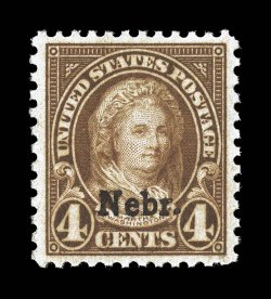 673, 4c Nebr. ovpt., an incredibly choice mint single, precisely centered within uncommonly wide margins, deep luxuriant color and an intense impression, o.g., n.h., an
extremely fine gem for the collector assembling their Kans.-Nebr. overprin