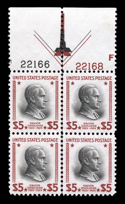 834, $5.00 Carmine and black, full top margin arrow and plate nos. 22166, 22168 block of four, exceedingly well centered, bright and fresh, pristine o.g., n.h., extremely fine
2008 PSE certificate.