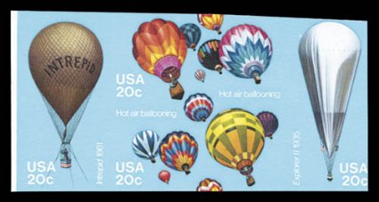 2035c, 20c Balloon se-tenant block of four, imperforate, this block originally had the right side perforated (2035c, catalog value $4,250.00), but someone trimmed the right
side to resemble the full imperforate block (2035b, catalog value $3,7