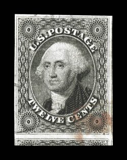 17, 12c Black, a premium quality used example of this always difficult stamp, with four large to extra-large margins, including showing a portion of the frame line of the
adjoining stamp at right, as well as a significant portion of the adjoinin