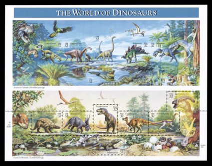 3136q, 32c World of Dinosaurs pane of fifteen, top seven stamps imperforate, a pristine mint example of this visually striking and very rare error of which only two panes are
recorded, according to the latest edition of the Datz catalog, p