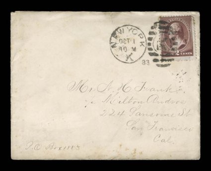 210, 2c Red brown, single with trivial nibbed perf. centered just into perforations at top, tied to cover by first day New York, N.Y.Oct 183 duplex, addressed to San Francisco
(backstamped), backflap missing and minor tear at top of cover, f