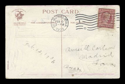 367, 2c Lincoln, tied to beautiful multicolored embossed Lincoln picture postcard by Des Moines, IowaFeb 101909 pre-date machine cancel, very fine any predate is rare, with
only about twenty known, but to find one on a Lincoln picture p