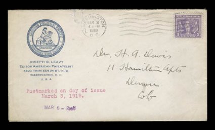 537, 3c Victory, tied to first day cover by Washington, D.C.Mar 31919 machine cancel, with corner card of the American Philatelic Society, sent to Denver, cover with small
repaired tear at top just affecting the pmk. and a trivial tear at ri
