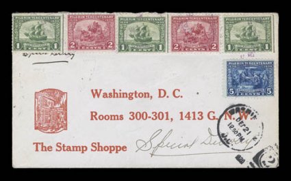 548-50, 1c-5c Pilgrim Tercentenary cplt., an extraordinary first day cover bearing not only a complete set, but with two additional copies of the 1c and one additional 2c value
to make up the 10c special delivery rate, plus the 2c postage rate,