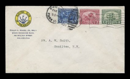 548-50, 1c-5c Pilgrim Tercentenary cplt., tied to first day cover by Philadelphia, PennDec 211920 handstamped duplex and machine cancel, with Electric Club corner card of
Philip Ward, addressed to Hamilton, N.Y., quite fresh and very fine o