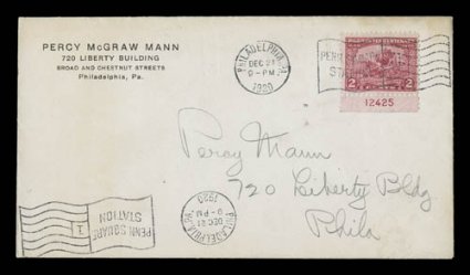 549, 2c Pilgrim Tercentenary, bottom margin plate no. 12425 tied to first day cover by Philadelphia, Pa.Dec 211920 machine cancel, Percy McGraw Mann corner card, cover with
just a faint bit of toning at top right not affecting the stamp, othe