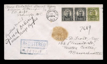559, 560, 7c Black, 8c Olive green, pair of the former and single of the latter, tied by May 1, 1923 Washington, D.C. machine cancel on registered first day cover serviced by
George Frost, with his distinctive wax seal that shows through as alwa