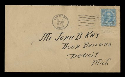 563, 11c Light blue, tied to first day cover by seldom seen Fremont, OhioOct 41922 machine cancel, Detroit address, with original enclosure noting the first day usage, cover
with small tear at top right not affecting the stamp, fine one of