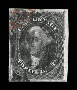 17, 12c Black, large to huge margins all around, deep intense color and impression, black town cancel and a bright red postmark at top left, extremely fine 2008 PF
certificate.