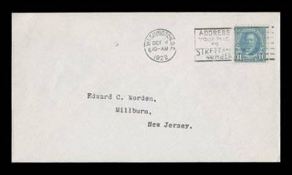 563, 11c Light blue, tied to a clean Worden addressed first day cover by Washington, D.C.Oct 41922 machine cancel, stamp possesses especially deep intense color, choice very
fine.