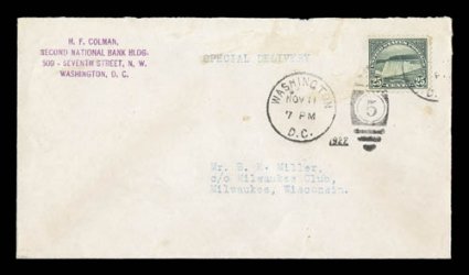 565-68, 14c-25c 1922 Issue, each tied to a separate first day cover by Washington, D.C. duplex cancel, with H. F. Colman handstamped corner card and each is addressed to famous
collector B. K. Miller in Milwaukee (of the Miller collection th