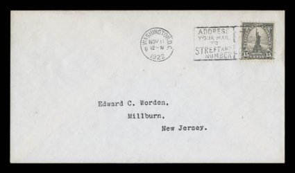 566, 15c Gray, tied to Worden addressed first day cover by Washington, D.C.Nov 111922 machine cancel, stamp and cover are quite fresh, very fine 1989 PF
certificate.