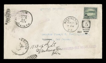 568, 25c Yellow Green, tied to first day cover by Washington D.C.Nov 111922 duplex handstamp cancel, sent special delivery from H. F. Colman (handstamp corner card) to Senator
Joseph Frelinghuysen in New Jersey and forwarded to Washington, co
