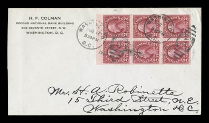 583a, 2c Carmine booklet pane of six, tied to first day cover by Washington D.C.Aug 271926 duplex handstamps, H. F. Colman corner card, opened at left, cover with minor corner
bend at top right, otherwise fresh and very fine a scarce booklet