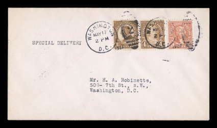633, 636, 641, Three stamp combination first day cover of the 1 12c, 4c and 9c values, tied by Washington, D.C. May 17 1927 duplex handstamps, very fine and
scarce.