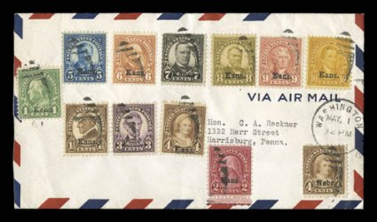 658-68, 1c-10c Kans. ovpts. cplt. set on one first day cover, tied by Washington D.C.May 11929 duplex handstamps, sent to Harrisburg, Pa. (backstamp), very fine and a scarce
full set first day cover, especially on this small size cover.