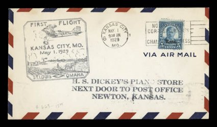 658-63, 1c-5c Kans. ovpts., each tied to a separate combination first day and first flight cover by Kansas CityMay 11929 machine or handstamp cancel, with first flight cachet
at left, 1 12c value is a block and tied by the flight cach