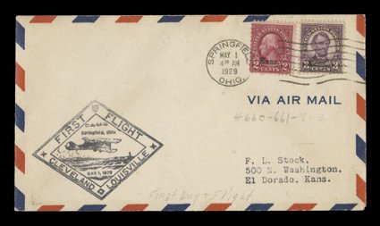 65861, 1c, 2c and 3c Kans. ovpts., two combination first day and first flight covers, one from Springfield, Ohio with 2c and 3c tied by May 1, 1929 machine cancel and with
Cleveland-Louisville first flight cachet, other is strip of five of 1c