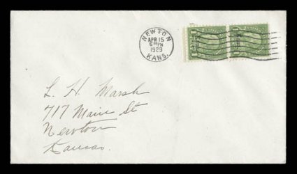 658, 1c Kans. ovpt., bottom sheet-margin vertical pair tied to pre-date earliest known usage cover by Newton Kans.Apr 151929 machine cancel, fresh and very
fine.
