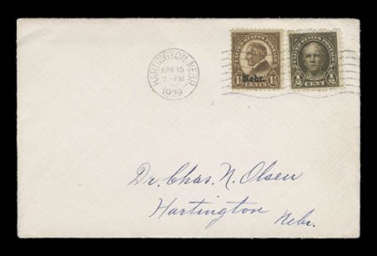670, 1 12c Nebr. ovpt., tied to pre-date earliest known usage cover by Hartington, Nebr.Apr 151929 machine cancel, along with 12c regular issue, very fine.