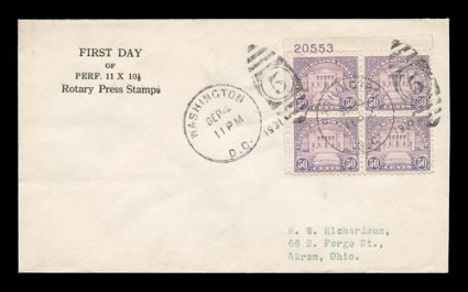 701, 50c Lilac, top left corner margin plate no. 20553 block of four tied by Sept. 4, 1931 Washington duplex handstamps on Gorham serviced first day cover, with add-on cachet
at top left, cover with just a faint trace of a bend at top, very
