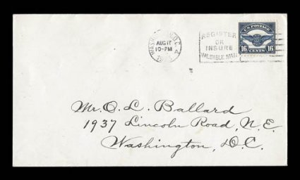 C5, 16c Dark blue, exceptionally well centered single tied to first day cover by Washington, D.C.Aug 171923 machine cancel, opened at left, cover is quite fresh and clean, very
fine 1990 PF certificate.