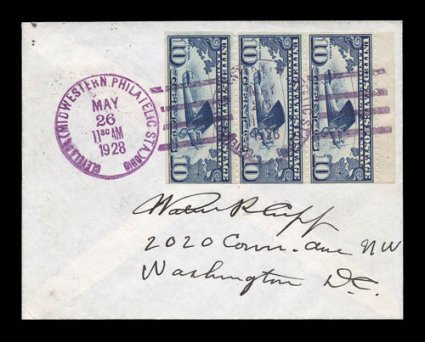 C10a, 10c Blue, booklet pane of three, with full tab, tied to first day cover by violet May 26, 1928 Cleveland Midwestern Philatelic Sta. pmks., addressed to Washington, with
Pittsburgh backstamp, very fine particularly unusual and desirable to