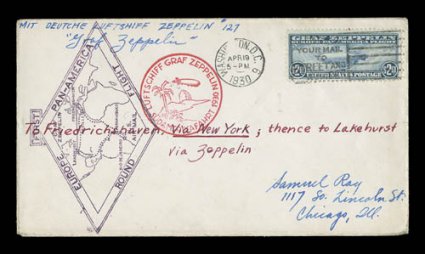 C13-15, 65c-$2.60 Graf Zeppelins cplt., each tied to flown first day cover ($2.60) or card (65c and $1.30) by Washington, D.C.Apr 191930 machine cancels, each addressed to
Samuel Ray in Chicago, 65c card with some trivial mounting corner cre