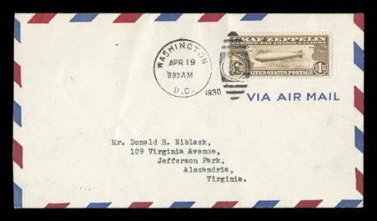C14, $1.30 Graf Zeppelin, tied to first day cover by Washington, D.C.Apr 191930 duplex handstamp, stamp with small pre-printing folds, cover with faint bend at left, very
fine.