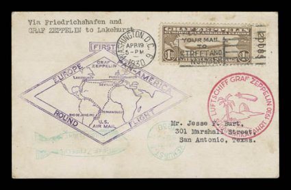 C14, $1.30 Graf Zeppelin, nicely centered right margin plate no. 20085 single tied to flown first day card by Washington, D.C.Apr 191930 machine cancel, addressed to San
Antonio, proper cachets and markings, card with a few minor toned spots