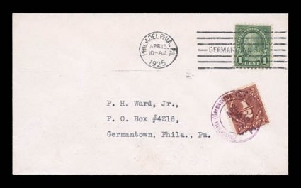 J68, 12c Dull red postage due, tied by April 15, 1925 Philadelphia (Germantown) c.d.s. on Ward addressed cover, being the earliest documented usage for this stamp, 1c Green
tied by Philadelphia duplex on the same day, cover with unimportant tin