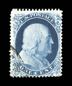19, 1c Blue, Ty. Ia, position 95R4, used, much better centering than typically encountered on this rare and difficult type, plus its color is remarkably deep and luxuriant,
while its impression is superbly detailed on pristine white paper, light