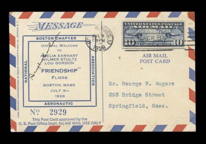 Amelia Earhart signed at top left of July 9, 1928 Boston Friendship Flyers commemorative cover, with printed cachet at left and printed map of Earharts route on reverse, cover
with light bend not affecting the signature, very fine.