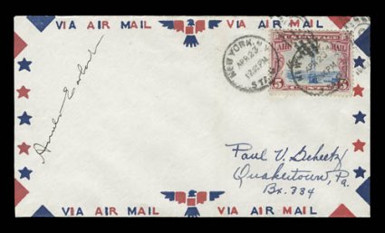 Amelia Earhart signature at top left of Apr. 23, 1929 airmail cover from New York to Quakertown, Pa., very fine.