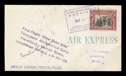 Amelia Earhart signed at top left of May 14, 1929 Cleveland-Detroit first flight cover (AAMC 27W28), with special cancel and violet cachet handstamp, with yellow American
Railway Express Co. and Cleveland National Air Races labels both tied on r