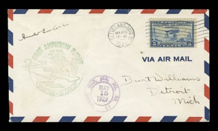 Amelia Earhart signed at top left of May 15, 1929 Cleveland-Detroit first flight cover (AAMC 27W28), with green cachet at left, cover with light scrape affecting the Cleveland
pmk. but not the important signature, otherwise very fine.