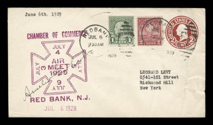 Amelia Earhart signed at left of July 6, 1929 flown cover, with cachet of the Red Bank, N.J. Air Meet, cover with small wrinkle at right not affecting stamps, markings or
signature, very fine.