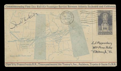 Amelia Earhart signed at top left of July 8, 1929 Columbus, Ohio airport dedication flown cover, envelope with printed map, special cachet on reverse, very fine Amelia Earhart
was a passenger on this transcontinental flight.