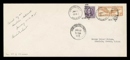 AAMC 1225, January 11, 1935 Hawaii-California solo flight, 10 size flown cover signed and inscribed by Amelia Earhart at top left, with additional annotation No. 35 of 49
covers at bottom left, addressed to Earharts husband, there is sl