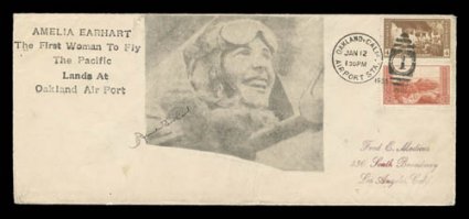 Amelia Earhart signed on Jan. 12, 1935 10 size cover celebrating the landing at Oakland Airport, with five-line handstamp cachet and printed half-tone of Earhart, airport
station cancel, cover with some minor wrinkling, fine.