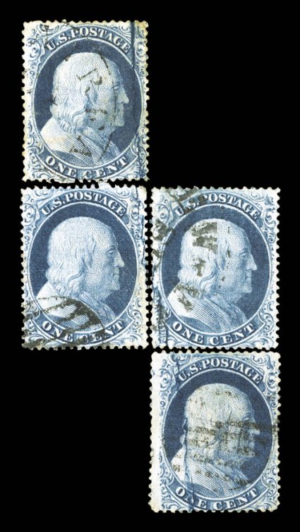 20 var., 1c Blue, Ty. II, the Big Crack variety, four singles forming a reconstruction of the four most important positions of this prominent crack, 2L, 12L, 13L and 23L, all
with deep rich colors, one stamp with a sealed tear, a few other sma