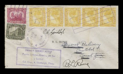 C.A. Lindbergh signature on Apr. 24, 1930 Managua-Cristobal first flight cover, with violet flight cachet, also signed by B.L. Rowe, one Nicaraguan stamp with corner fault,
faint trace of a thin toned band not affecting the signature, fine.