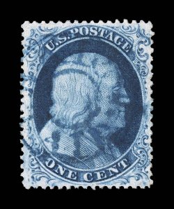 21, 1c Blue, Ty. III, a marvelously choice used example of this rare stamp, in a quality that is rarely seen, possessing outstanding centering within considerably larger margins
than normally found, plus it color is incredibly deep and luxuriant