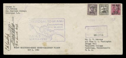 C.A. Lindbergh, signature on May 1, 1930 Cristobal-Miami first flight registered 10 size cover, with violet cachet, Canal Zone stamps cancelled by cork, additionally signed by
Gerald Bliss and F.W. Smith, few faint wrinkles and light toned spots