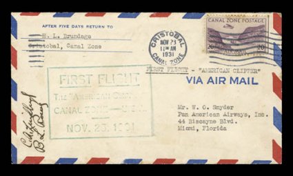 C.A. Lindbergh signature on Nov. 25, 1931 Cristobal-Miami small size first flight cover, with green flight cachet, also signed by B.L. Rowe, a few minor toned spots,
fine.