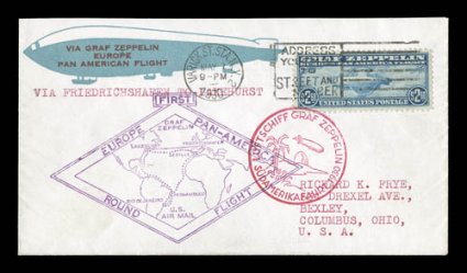 C13-15, 65c-$2.60 Graf Zeppelins cplt., each tied to cover flown on the 1930 Pan-American flight (Sieger 64) and each with a Fairway cachet in greenish blue, 65c is a vertical
pair for the return flight, $1.30 and $2.60 on covers for the Fr
