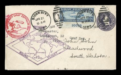C13-15, 65c-$2.60 Graf Zeppelins cplt., each tied to cover or card flown on the 1930 Pan-American flight (Sieger 64), 65c on attractive Zeppelin photo card for the return
flight from Lakehurst to Friedrichshafen, $1.30 on card from Friedrichsha